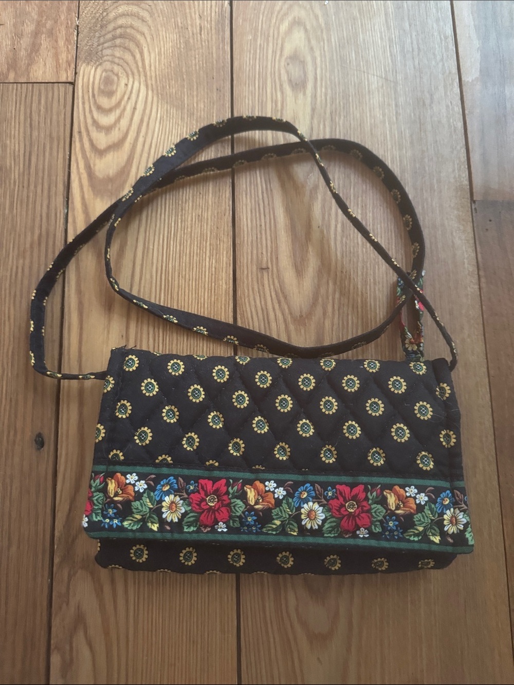 Vera Bradley Black Quilted Wallet Crossbody with Floral Trim